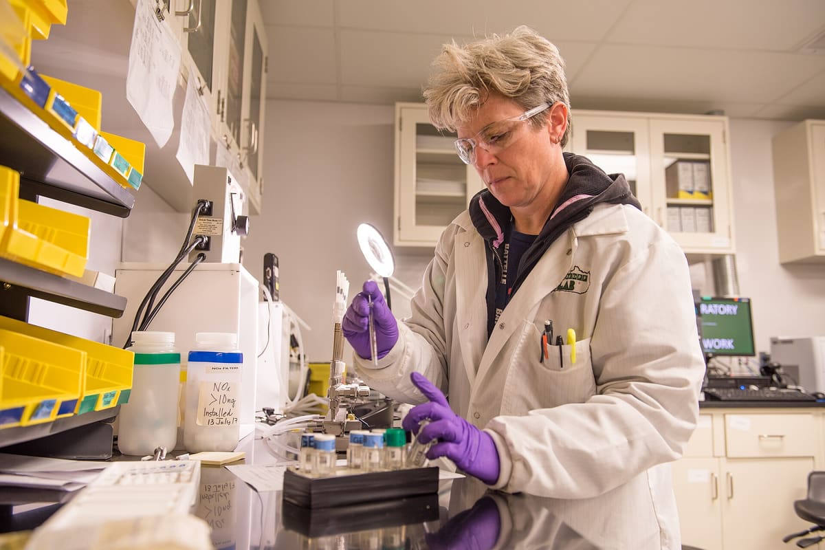 Wissenschaftlerin prüft ein Probengefäß vor einem Regal mit Reagenzien