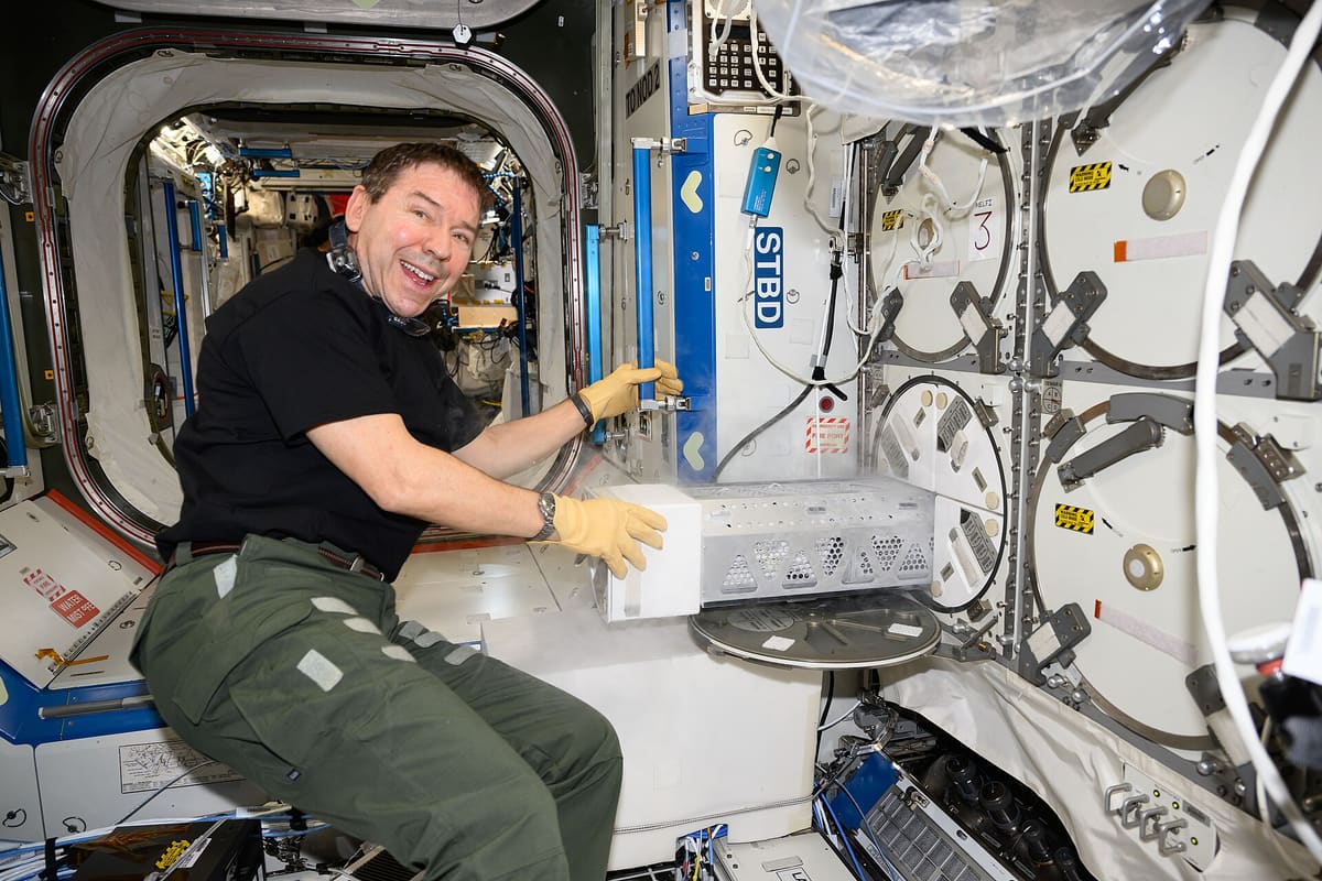 Astronaut lagert Forschungsproben in einem wissenschaftlichen Gefrierschrank